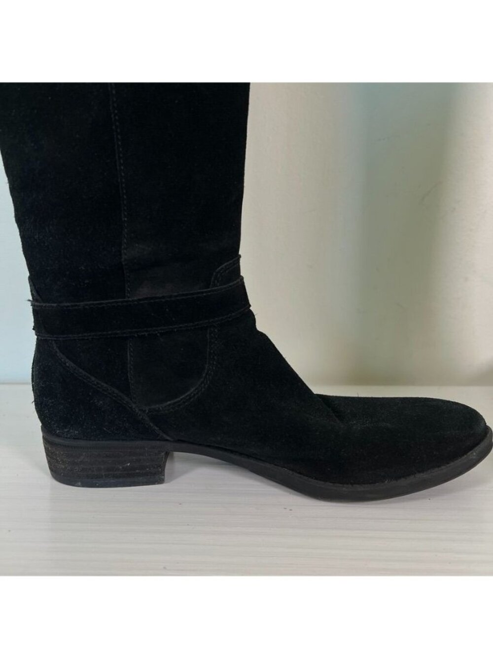 Sam Edelman Black Suede Knee High Riding Boots Buckle Equestrian Moto - Picture 8 of 14